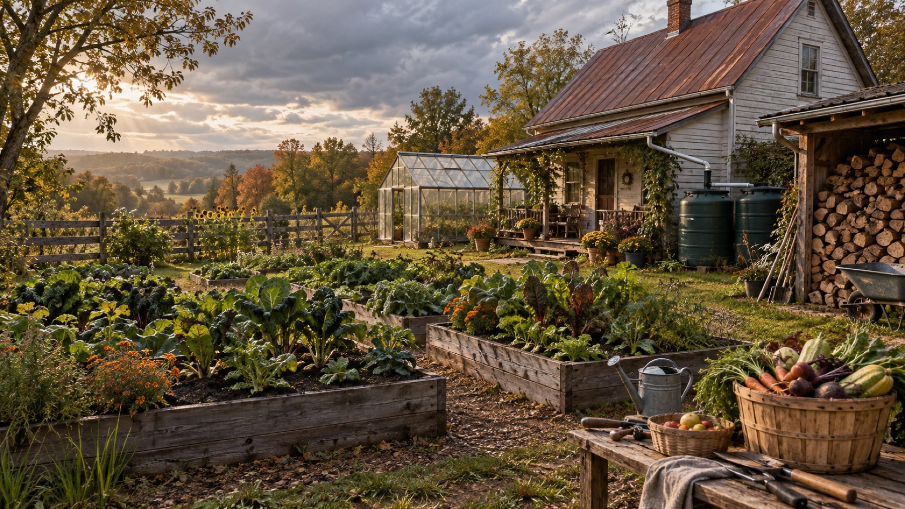 Productive autumn homestead with garden beds, greenhouse, rain barrels and covered firewood